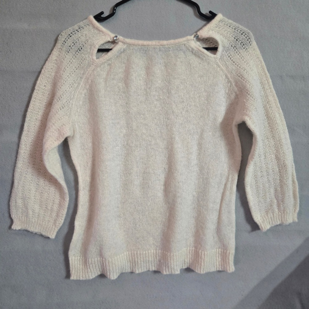 Cream Knit Shoulder Cut Out Sweater Boat Neck Raglan 3/4 Sleeve‎ Ivory Pullover